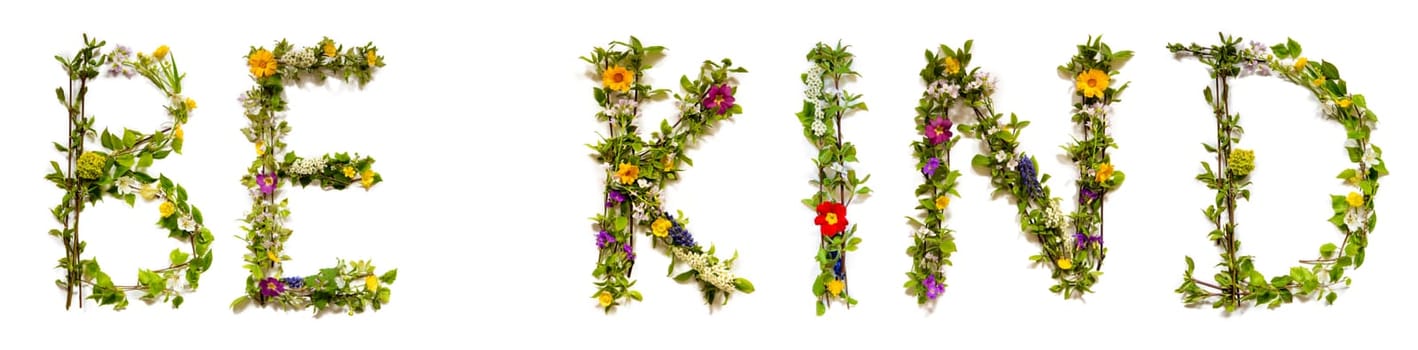 Blooming Flower Letters Building English Word Be Kind. Summer And Spring Season Blossoms And Flower Lei.