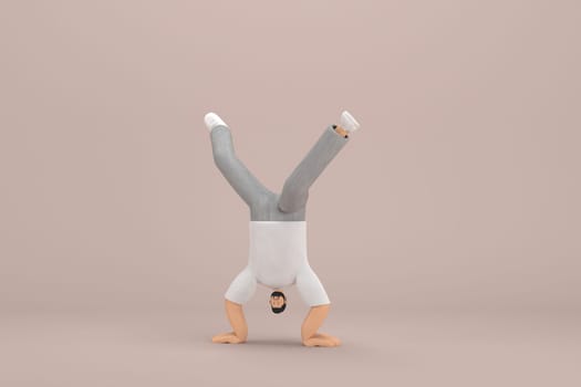 The man with beard wearinggray corduroy pants and white collar t-shirt.  He is doing exercise.  3d illustrator of cartoon character in acting.