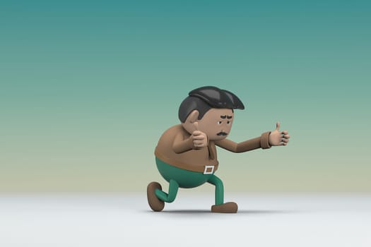 The man  with mustache wearing a brown long shirt green pants.  He is pulling or pushing something. 3d illustrator of cartoon character in acting.