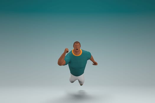 An athlete wearing a green shirt and white pants. He is falling down.
