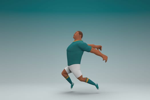 An athlete wearing a green shirt and white pants is jumping. 3d rendering of cartoon character in acting.