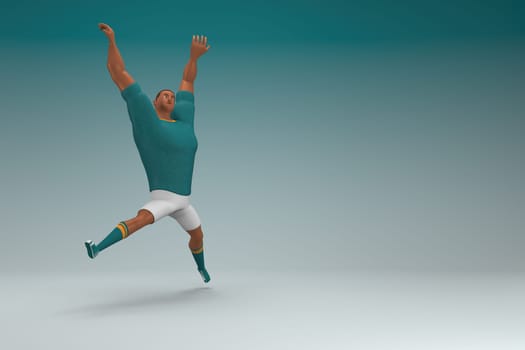 An athlete wearing a green shirt and white pants is jumping. 3d rendering of cartoon character in acting.