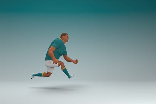 An athlete wearing a green shirt and white pants is runing. 3d rendering of cartoon character in acting.