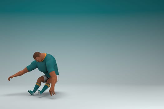 An athlete wearing a green shirt and white pants is jumping. 3d rendering of cartoon character in acting.