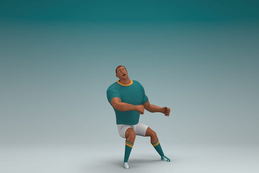 An athlete wearing a green shirt and white pants. He is pulling or pushing something. 3d rendering of cartoon character in acting.