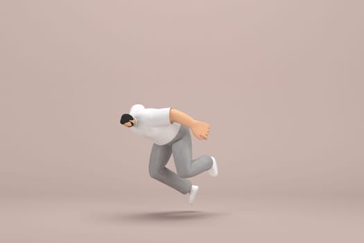 The man with beard wearinggray corduroy pants and white collar t-shirt.  3d illustrator of cartoon character in acting. He is falling down.