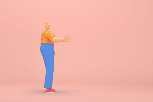 The woman with golden hair tied in a bun wearing blue corduroy pants andOrange T-shirt with white stripes.  She is expression  of hand when talking. 3d illustrator of cartoon character in acting.