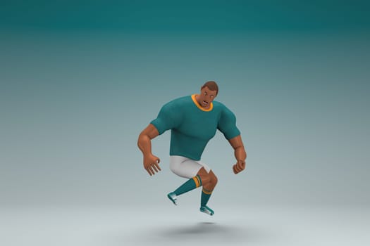 An athlete wearing a green shirt and white pants is jumping. 3d rendering of cartoon character in acting.