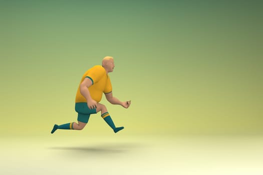 An athlete wearing a yellow shirt and green pants is runing. 3d rendering of cartoon character in acting.