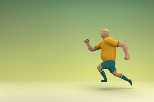 An athlete wearing a yellow shirt and green pants is runing. 3d rendering of cartoon character in acting.