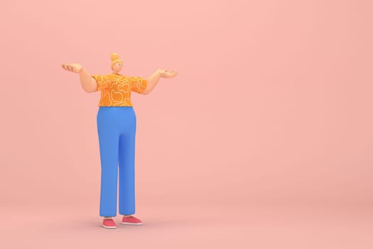 The woman with golden hair tied in a bun wearing blue corduroy pants and Orange T-shirt with white stripes.  She is expression  of hand when talking. 3d rendering of cartoon character in acting.