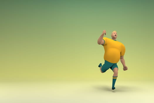 An athlete wearing a yellow shirt and green pants is runing. 3d rendering of cartoon character in acting.