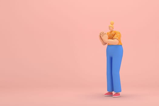 The woman with golden hair tied in a bun wearing blue corduroy pants and Orange T-shirt with white stripes.  She is expression  of hand when talking. 3d rendering of cartoon character in acting.