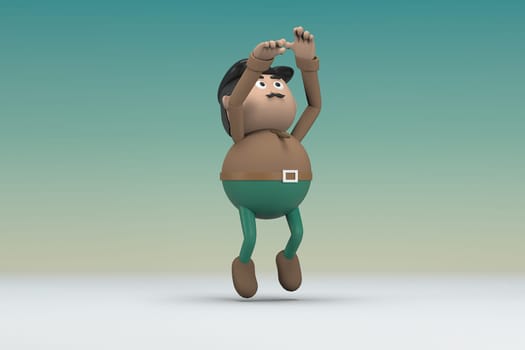 The man  with mustache wearing a brown long sleeve shirt green pants. He is jumping. 3d illustrator of cartoon character in acting.