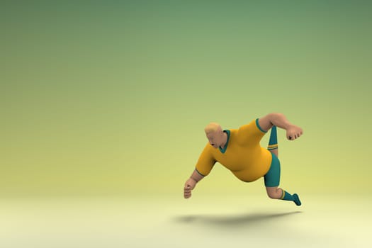 An athlete wearing a yellow shirt and green pants. He is falling down. 3d rendering of cartoon character in acting.