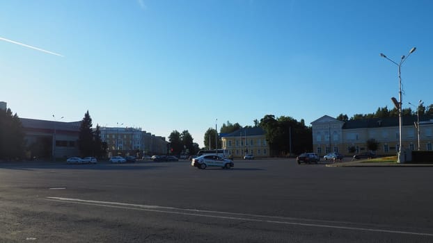 Petrozavodsk, Karelia August 3, 2022. Kirov Square, intersection with Karl Marx Avenue and Kuibyshev Street. The building of the National Theater of the Republic of Karelia. Cars and passers-by