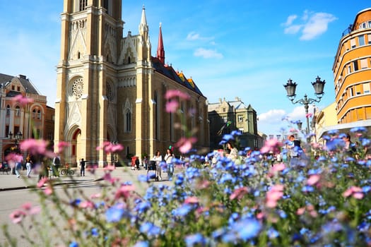 Freedom Square Novi Sad Serbia April 30 2022 People walk along the street. Pink and blue forget-me-not flowers grow in a flower bed. The Name of Mary Church, a Roman Catholic parish church in Novi Sad