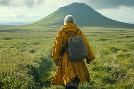 A lone traveler in a bright yellow cloak makes their way across a vast meadow, heading towards a majestic mountain under a moody sky.