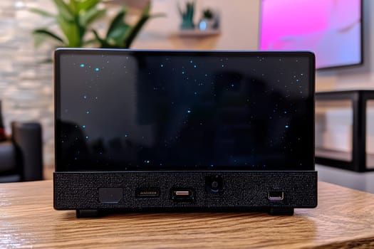A modern multimedia device showcases its sleek design and versatile ports, set against a cozy living room backdrop with subtle decor.