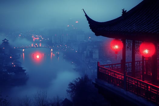 Glowing red lanterns hang from a traditional pavilion, casting a warm light over a foggy river and the serene city below at twilight.