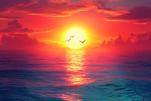Golden rays illuminate the horizon as colorful clouds reflect on calm waters, with birds gliding gracefully across the evening sky.