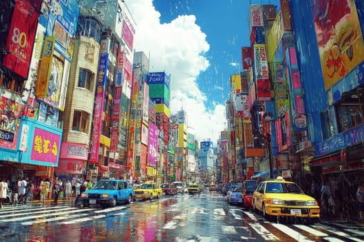Raindrops create a shimmering effect on vibrant city streets as colorful signs reflect the lively atmosphere of the urban hub.