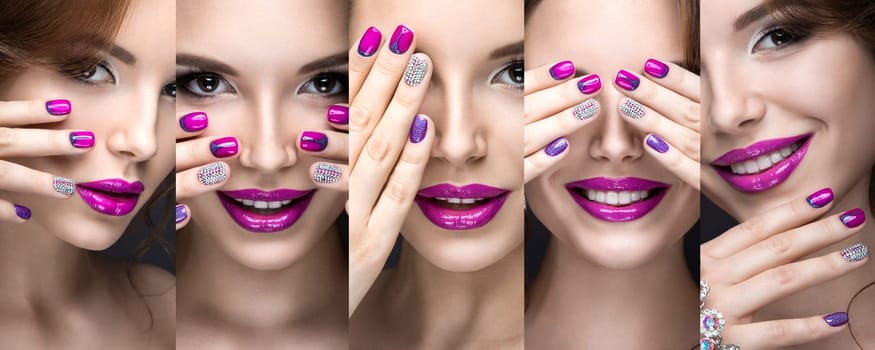 Beautiful girl with a bright evening make-up and pink manicure with rhinestones. Nail design. Beauty face. Picture taken in the studio on a black background.
