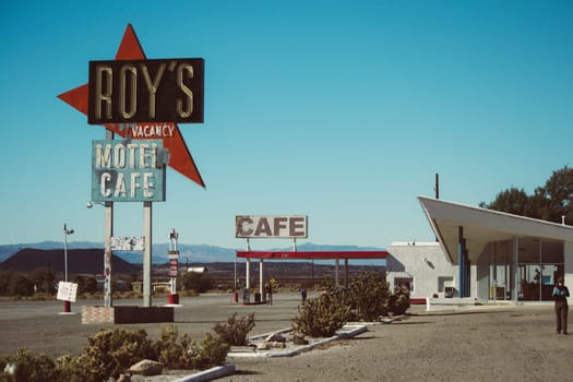 Amboy, California, November 2013: Famous Roy's café and gas station alongside classic Route 66