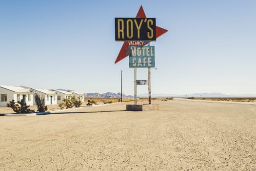 Amboy, California, November 2013: Famous Roy's café and gas station alongside classic Route 66