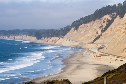 Coastal view of Big Sur landscape and scenery, with pacific ocean and rocks on the coastline during sunset.California, USA. Travel and tourism