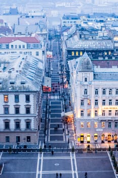 Budapest, Hungary, February 2013: view on Szent Istvan Ter and Zrinyi ut. Cityscape and skyline of Budapest. Vertical.