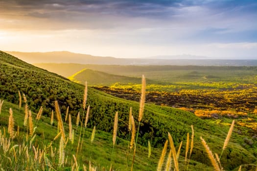 Masaya Volcano National Park Nicaragua: view on nature and landscape during sunset, in this area with an active volcano.
