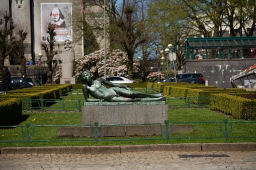 Bergen, Norway, May 2015: View on Ovre Ole Bull Plass street and park in Bergen, Norway and The National Stage, or Den Nationale Scene area