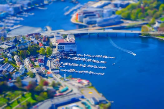 High angle and tilt-shift view on the yacht marina in Bergen, Norway