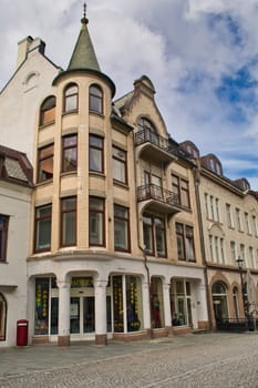 Alesund, Norway, May 2015: Vertical shot of the architecture of Kongens gate in Alesund, Norway