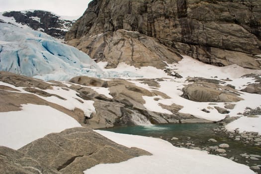 Glacier landscape with ice and rocks in Norway, illustrating retreating ice due to climate change. Beauty in nature.