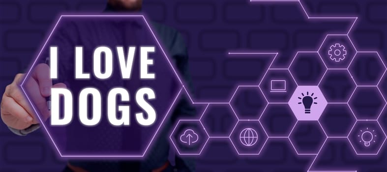 Inspiration showing sign I Love Dogs, Business showcase Have good feelings towards canines To like pets animals
