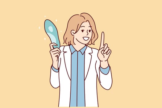 Female doctor in white coat holding blue object giving recommendation to patient on use of medical devices. Caring girl hospital employee shares life hacks for treating illness. Flat vector image
