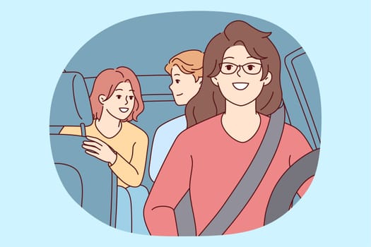 Woman drives car with teenage children in passenger seat, giving them ride to high school. Girl driver in glasses fastened with seat belt with friends in own vehicle. Flat vector illustration