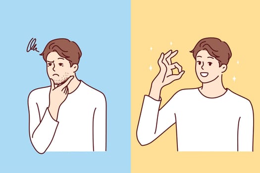 Entangled in threads of man puzzled touches chin then smiles and shows OK gesture. concept of positive thoughts during difficult situations and ability to cope with stress. Flat vector design