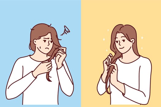 Unhappy woman examines problematic hair in need of hairdresser help and smiling girl is pleased with own hairstyle. Female characters for advertising shampoo or hair care lotion. Flat vector image