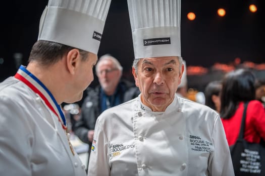 Lyon, Rhone Alpes Auvergne, France  january 22, 2023 : BOCUSE D'OR Lyon Eurexpo Sirha event 2023. The famous french chef Regis Marcon portrait. He is the jury member for the Bocuse d'or competition of the elite cookers in the world.