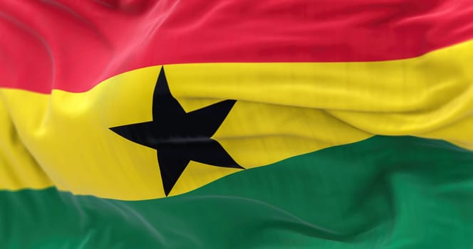 Close-up view of Ghana National flag waving. Red, yellow, green stripes, black star in center. Symbolizes pan-African unity. Rippled fabric. Textured background. Realistic 3d illustration. Close-up