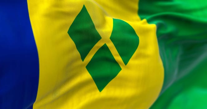 Saint Vincent and the Grenadines national flag waving. Saint Vincent is a state in the Lesser Antilles of Central America. Rippled fabric. Textured background. 3d illustration. Close-up