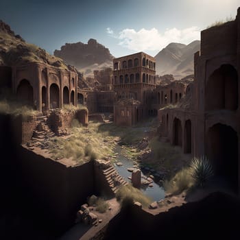 The image depicts the ancient city-fortress of Bamyan Babadjhan, a historical site dating back to the 6th century, located in Afghanistan. The image is generated with the use of an AI.