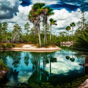 This painting showcases the beauty of Grand Bahama's National Park and Reserve, the main attraction of the Bahamian islands. The park is a lush oasis of natural wonder, teeming with diverse wildlife and breathtaking landscapes. The image is generated with the use of an AI.