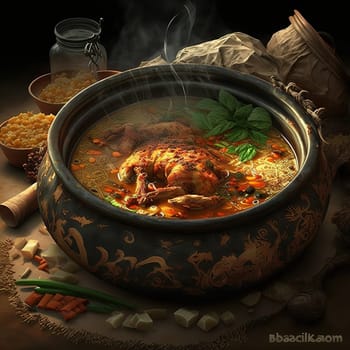 This painting captures the essence of Biriyani, a popular dish in Bangladesh, a savory blend of chicken or bacon, vegetables, and spices cooked together in a flavorful broth. The image is generated with the use of an AI.
