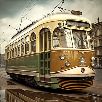 The painting captures the iconic trams that are a common sight in the streets of Belgium. The trams are depicted in motion, surrounded by the bustling city. The image is generated with the use of an AI.
