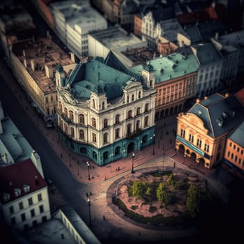 A stunning digital painting of the city of Minsk, depicting the historical and cultural life of the city, including the Old Town, the Kremlin and numerous museums. The image is generated with the use of an AI.