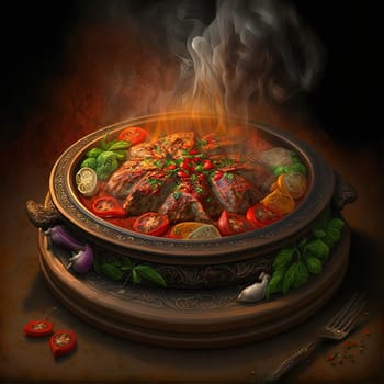This painting captures the essence of the most popular dish in Bahrain, Massala, a delicious meat grilled over an open fire or on a barbecue with a tomato, onion, and herb sauce. The image is generated with the use of an AI.